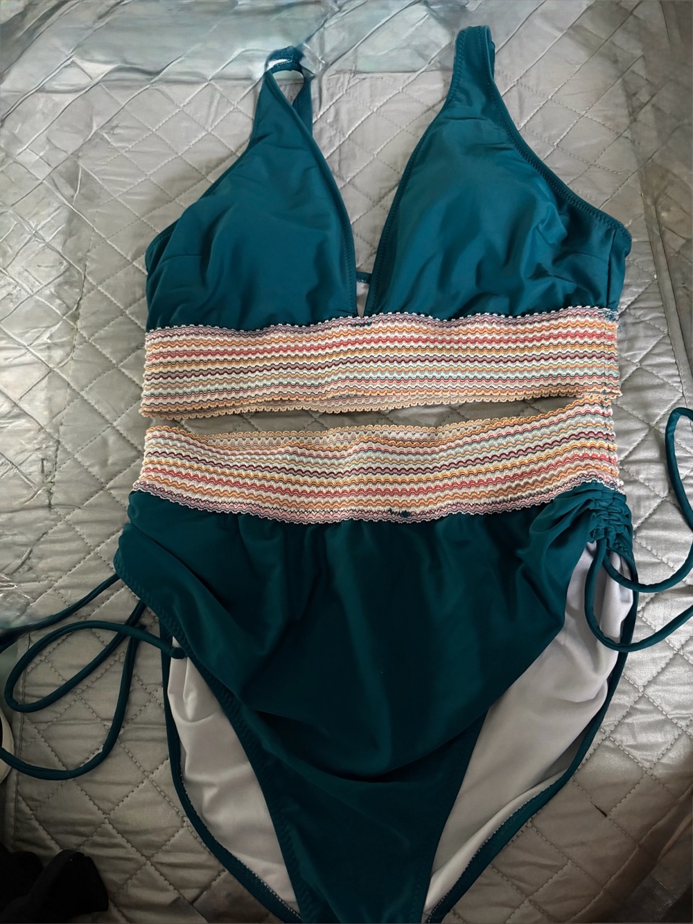 Teal 2 pc swim set Bralette style with Multicolor Crochet Band matching bottom